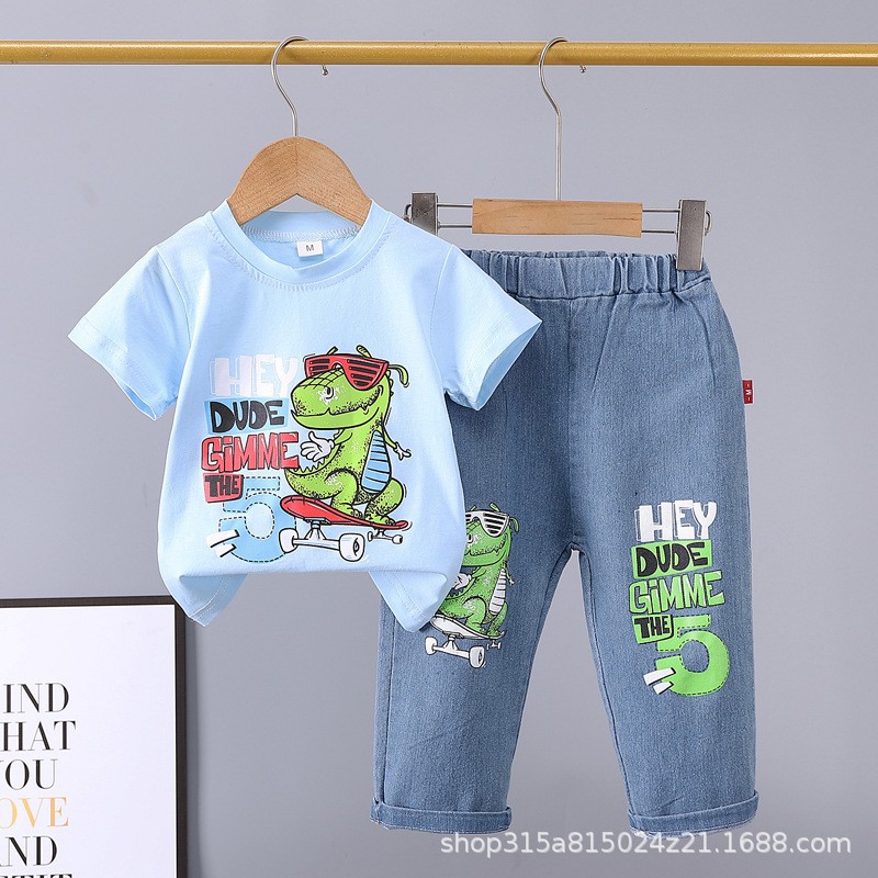Picture of Summer 2024 new 0-5 years old children's suit cartoon car animal crew neck short sleeve jeans two piece cotton