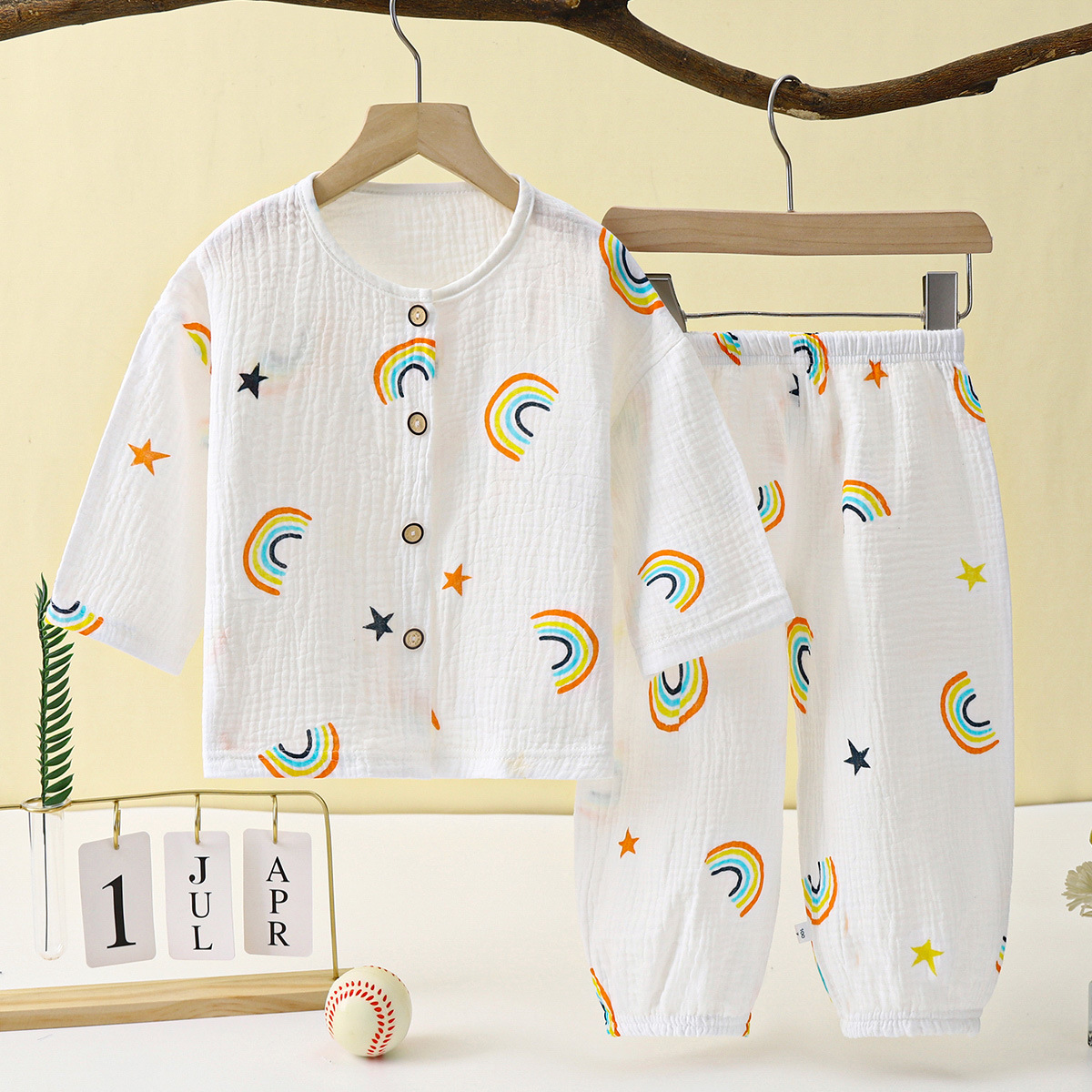 Picture of Children's Thin Double-Layer Gauze Pajamas Two-Piece Set Summer Girls Home Clothes Baby Boy Long-Sleeved Bloomers Set