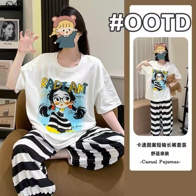 Picture of Pajamas Women's Spring and Autumn Summer Short-sleeved Trousers Large Size Loose Korean Style Fresh Cute Sweet Student Home Suit