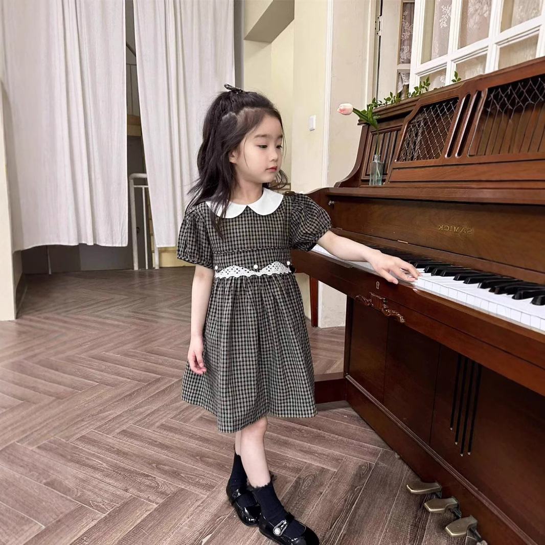Picture of Girls dress summer new college style small plaid short sleeve dress dress for children a generation of hair