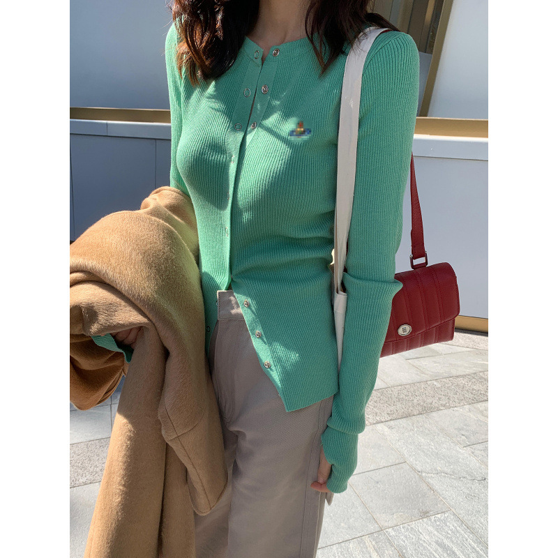 Picture of Green Long-Sleeved Knitted Cardigan for Women Spring & Fall New High-End Slim Slim Long-Sleeved T-Shirt Thin Outwear Top
