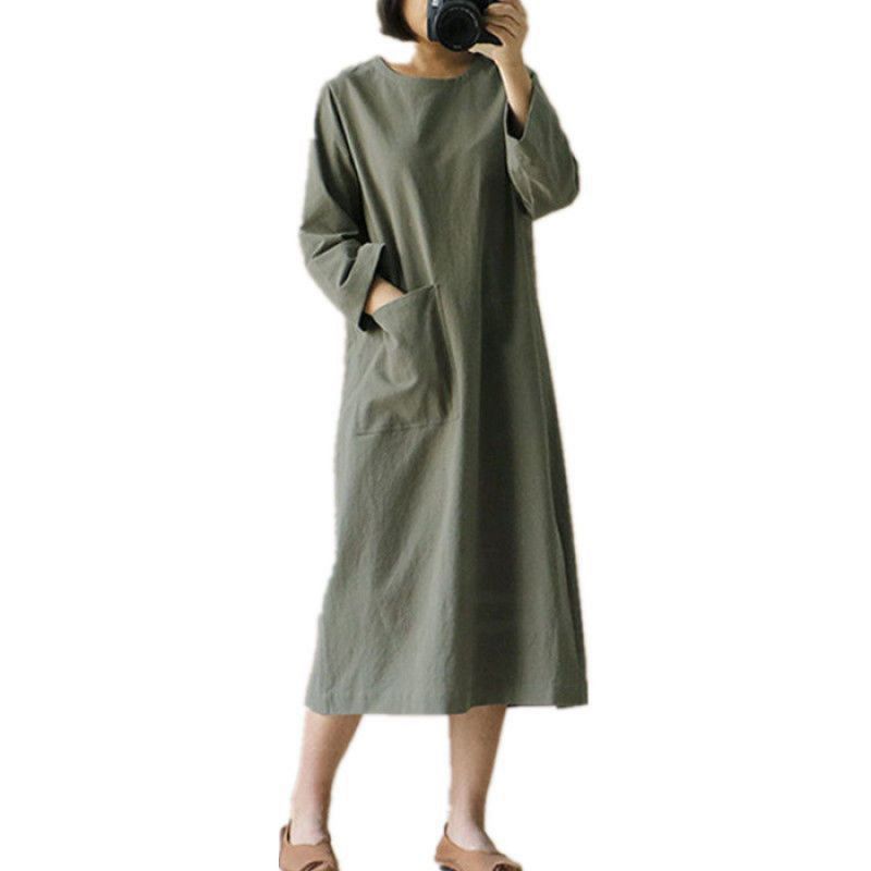 Picture of Cross-border Spring and Autumn Cotton and Linen dress Mid-length Artistic Retro Long-sleeved Japanese Mori Women's plus size Dress Trend