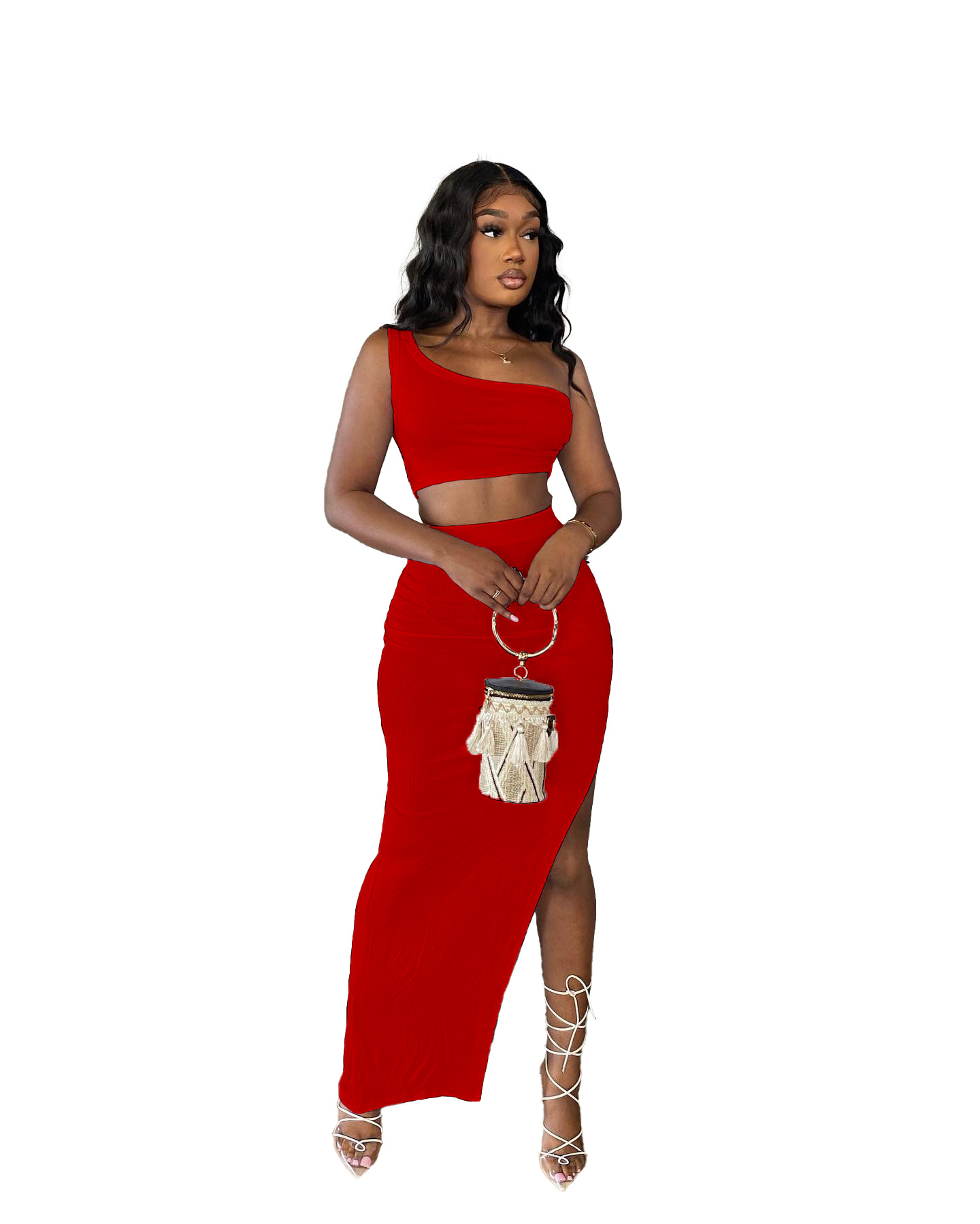 Picture of A5306 Cross-border Independent Station Foreign Trade European and American Women's Summer Solid Color Ice Silk Pit Single Shoulder Split Set