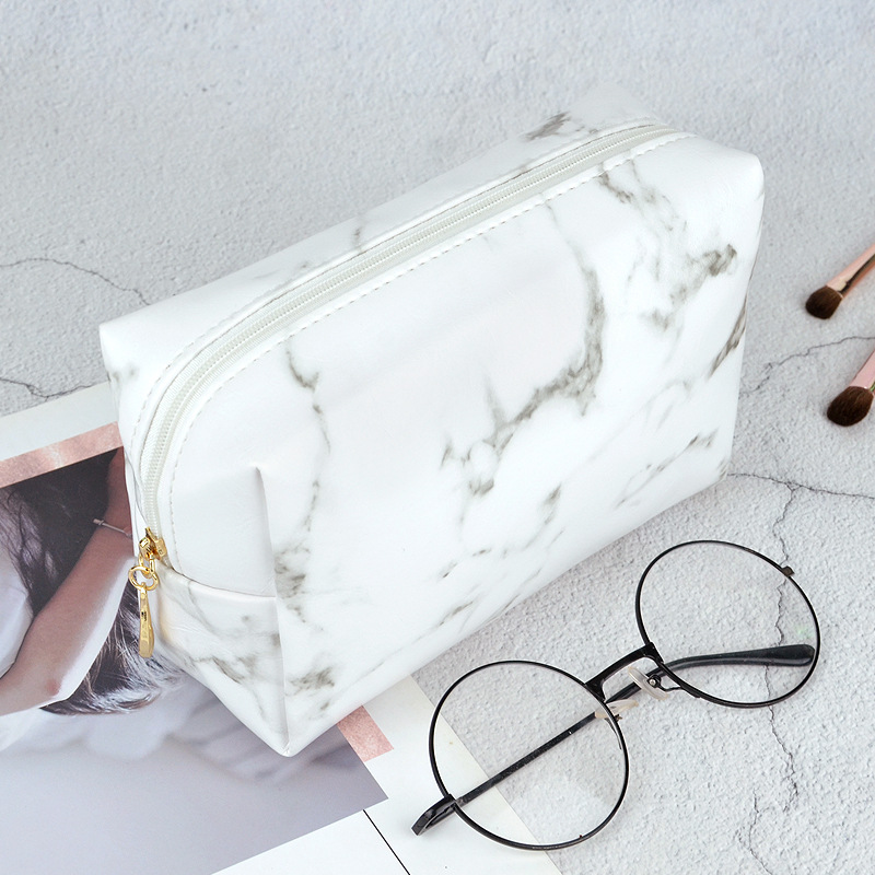 Picture of Black and white stone pattern glossy PU leather square clutch high-end simple waterproof portable travel makeup storage bag
