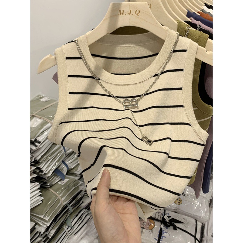 Pure Spice Girl Style High Waist Navel-exposed Short Striped Vest Women's 2023 Summer New Slim-fit Sleeveless Top