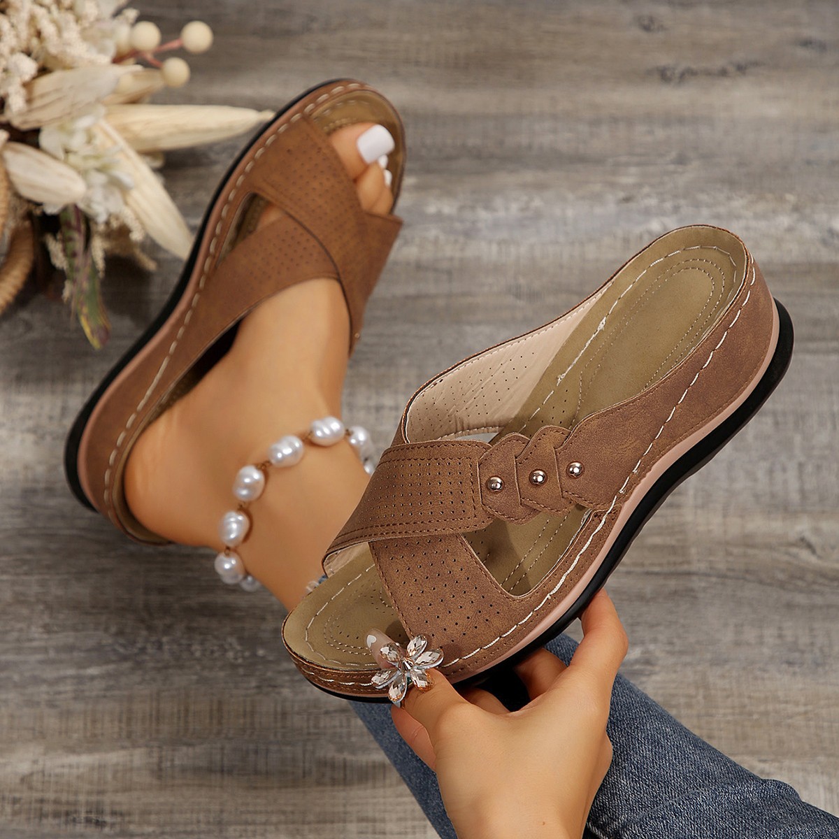 Cross Soft Bottom Women's Cross-border Summer New Hollow Metal Buckle Wedge Thick Bottom Outer Wear Solid Color Fish Mouth Sandals
