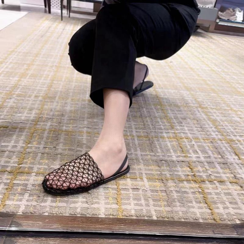 European and American Niche Fishnet Woven Hollow Roman Sandals Women's Summer New Fisherman Flat Round Head Baotou Half Slippers