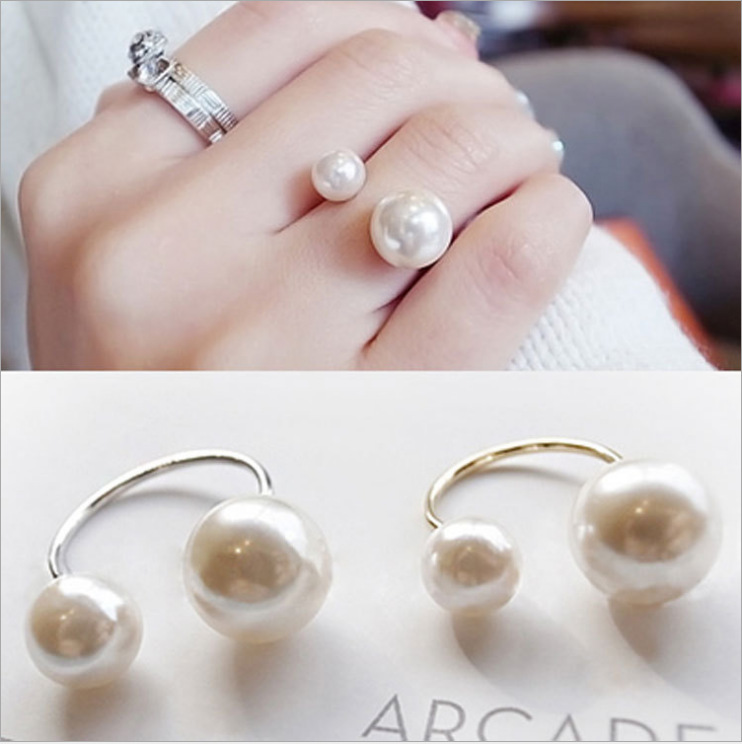 Picture of J588 South Korea Ring Size Pearl Opening Ring Minimalist Exaggerated Ring Double Pearl Ring for Women