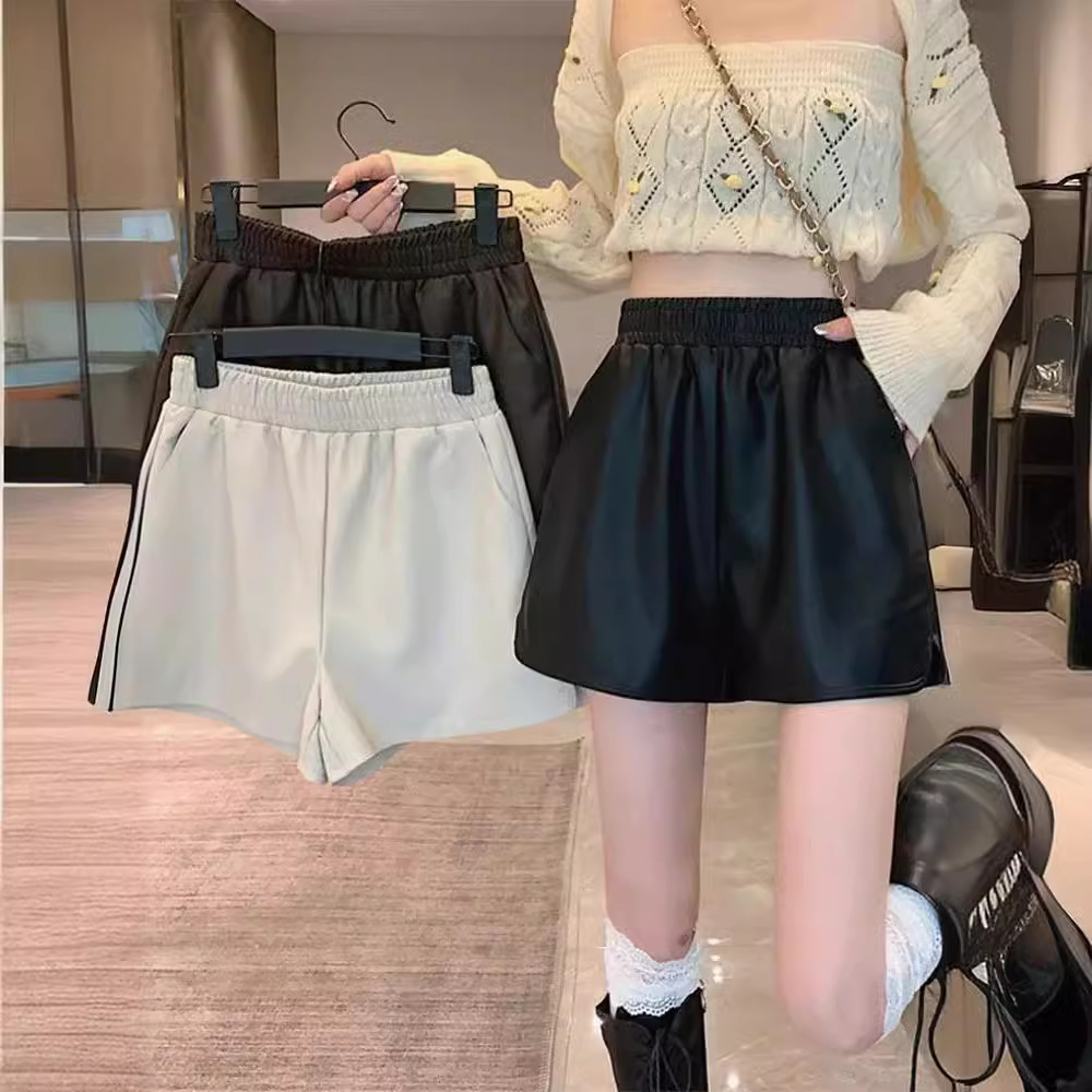 plus size pu leather women's 2023 new boots pants waist wear autumn and winter shorts wide legs slim fashion loose bottoming
