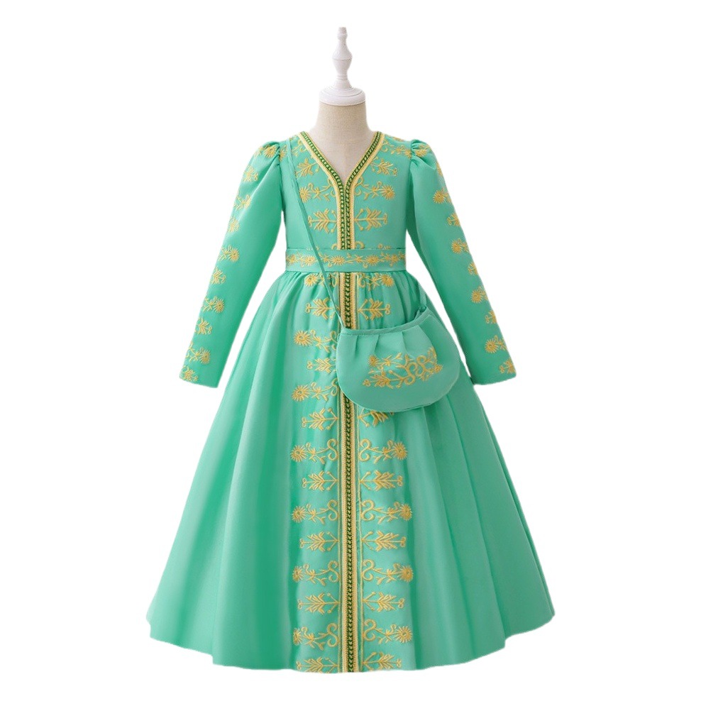 Middle East Dubai Amazon Export New Children's Clothing Dress Muslim Loose Embroidered Robe with Bag