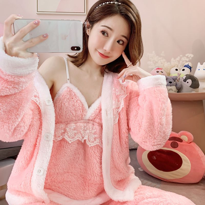 Pajamas Women's 2022 Autumn and Winter New Coral Fleece Sexy Sling Four-piece Set Thickened Plush Warm Home Clothes
