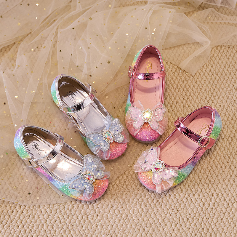 Rainbow soft-soled girls princess shoes 2025 autumn new large children's crystal small high-heeled girls dress shoes