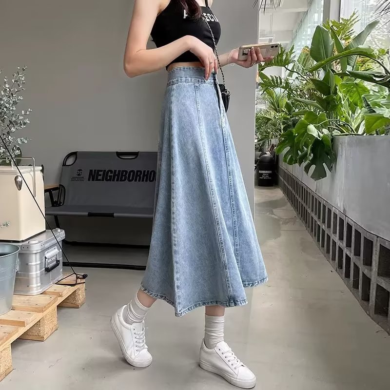 Skirt Girls 2024 New Summer Denim Skirt Fashion All-match Casual High Waist Slim A- line Umbrella Skirt