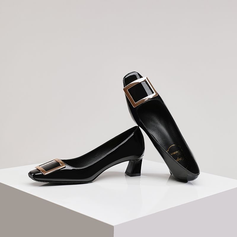 Women's Flats, Super Soft Lambskin, Elegant, Thick Heels, High Heels, Women's Metal Buckle Square Toe Shallow Mouth Slip-Ons, Commuter Women's Shoes