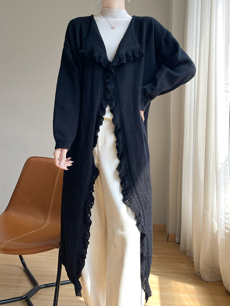 2024 Autumn and Winter New Knitted Cardigan Loose Elegant Tassel Lazy Style Sweater Cardigan Design Western Style