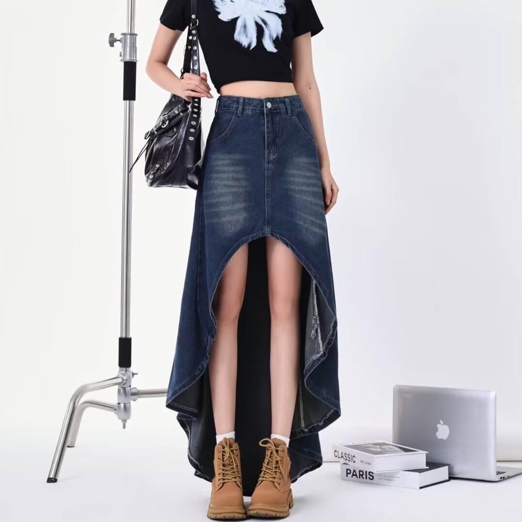 plus size Women's Chubby mm2024 Spring and Summer New Asymmetrical Front Short Back Long High Waist Slimming Denim Fishtail Skirt