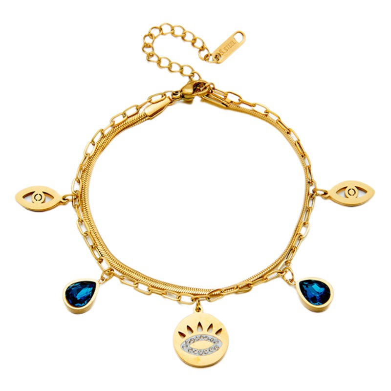 European and American Cross-Border Fashion Simple Metal Titanium Steel Retro Blue Diamond Water Drop Hollow Eye Double-Layer Chain Bracelet