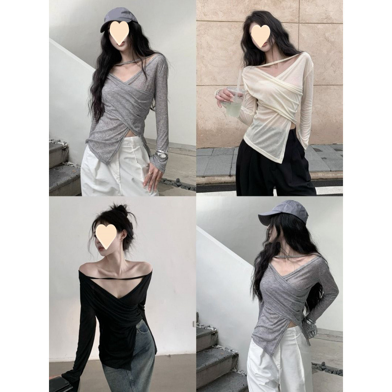 Picture of Designed Asymmetrical Cross V-Neck Long-Sleeved T-Shirt for Women in Spring & Fall Thin Unique Slim-Fitting Sexy Waist Slimming Look Top