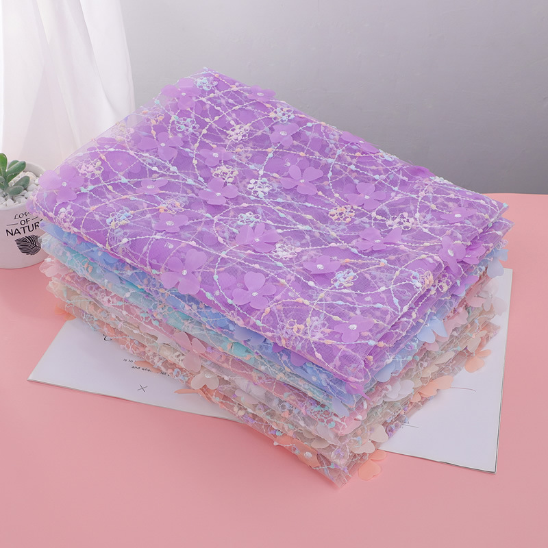 Picture of Rainbow Rope Embroider 3D Stereo Same Color Flower Mesh Fabric Embroider Children's Clothing Dress Accessories Embroider Fabric