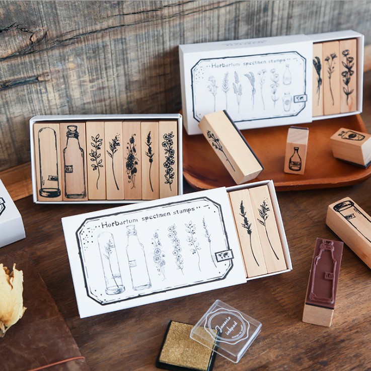Wooden Seal Set Diary Album Hand Ledger Decorative Stamp Decorative Tools Plant Vase Series