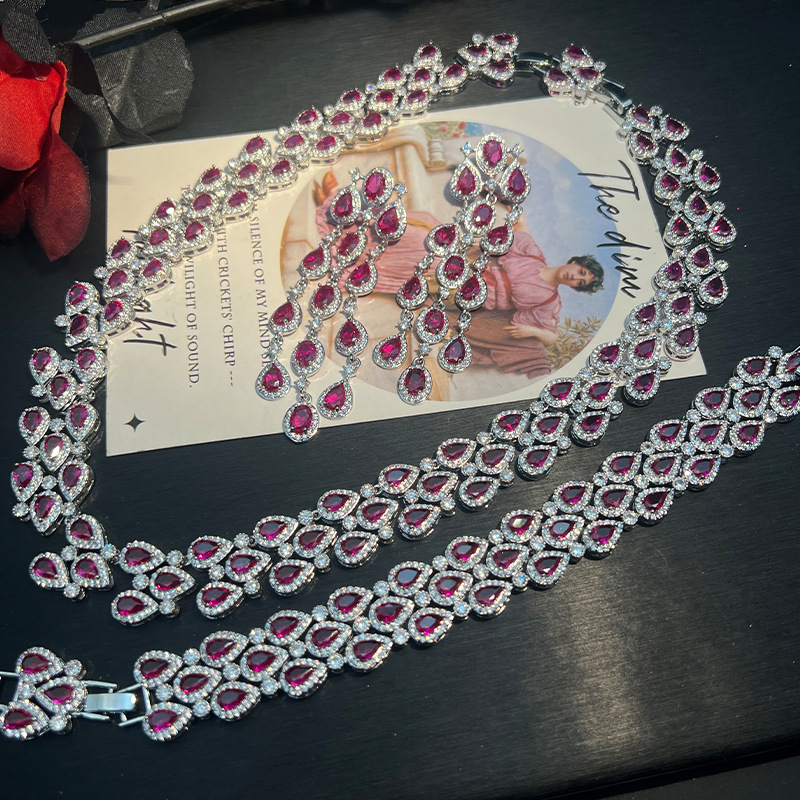 High-Definition High-Carbon 5A Zirconium Rose Red Classy Precision Jewelry Set Cross-Border Rhodium-Plated Necklace Earrings Bracelet for Women
