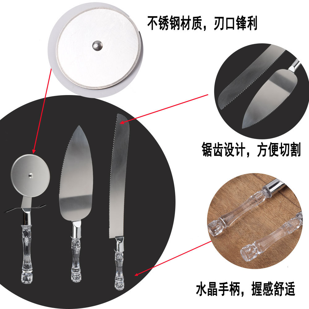 Picture of Transparent Crystal Handle Wedding Cake Knife Set Stainless Steel Roller Pizza Knife Bread Knife Spatula Baking Tool
