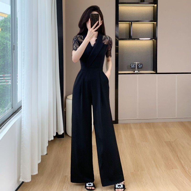 Cross-border High Leng Yujie Style Pants Women's Summer Short-sleeved High Waist Lace Stitching Hollow-out Pants Straight Pants
