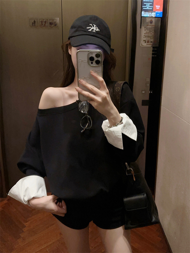 Designed Slant Collar Off-Shoulder Long-Sleeved Sweatshirt for Women Autum 2024 New Short Loose Slimming Look Pullover Top