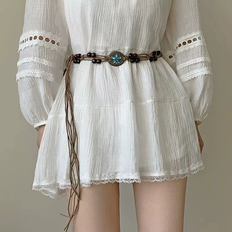Ethnic style woven beaded waist chain women's retro lotus belt Bohemian long design waist accessories wholesale