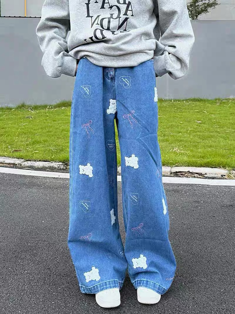 Cartoon Bear Embroidered Wide Leg Jeans Women's 2024 Autumn and Winter New High Waist Loose Slimming Straight Pants