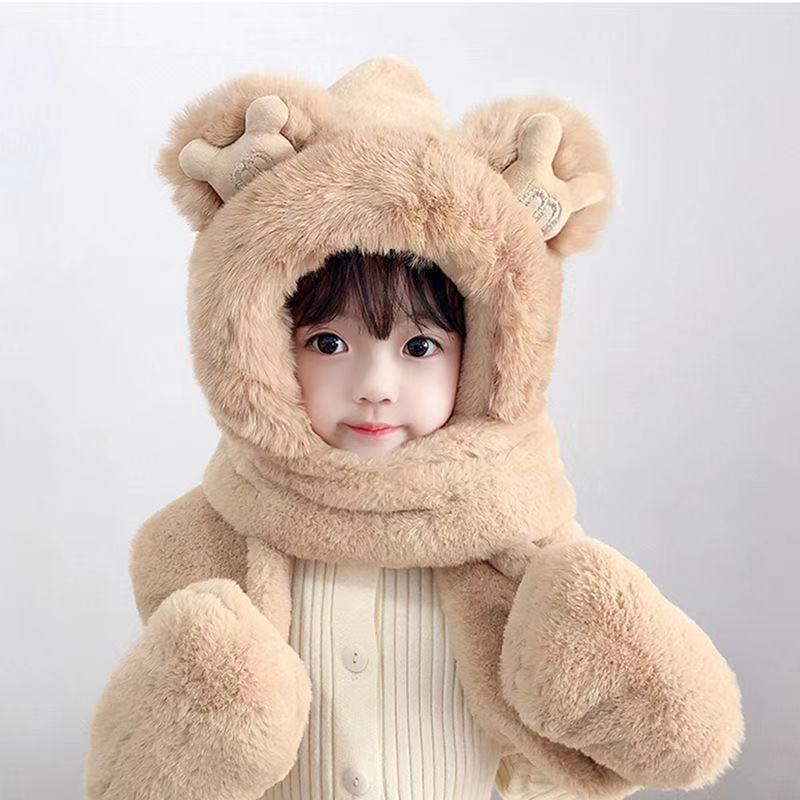 Picture of New Bear Hat Winter Hat Cute Warm Thickened Scarf Integrated Ear Protection Hat Three-Piece Set Cycling Cold Protection Hat
