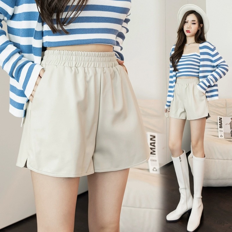 Trendy Cool Black Leather Casual Shorts Women's Autumn 2023 New Hot Girl High Waist Slimming All-match A- line Wide Leg Pants
