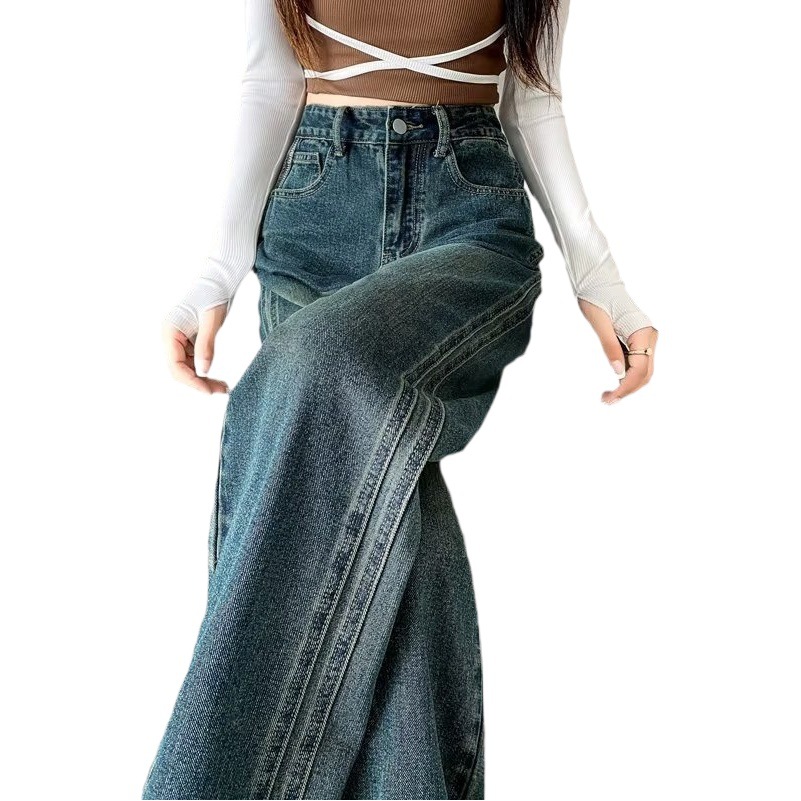 Vintage Blue Narrow Wide Leg Jeans Women's 2023 Winter New High Waist Slimming Loose All-match Straight Pants