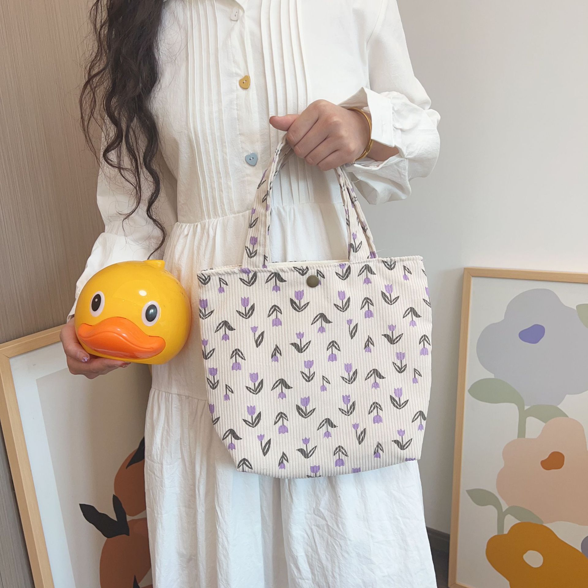 Large Capacity Floral Canvas Bag Student Commuter Bag Corduroy Travel Portable Hand Bag Small Fresh Mummy Bag