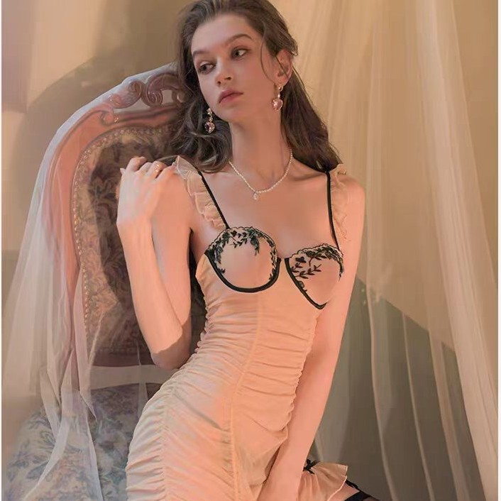 New French Style Sexy Perspective Mesh Princess Pure Desire Sling Nightgown Lifting Top Sexy Nightgown