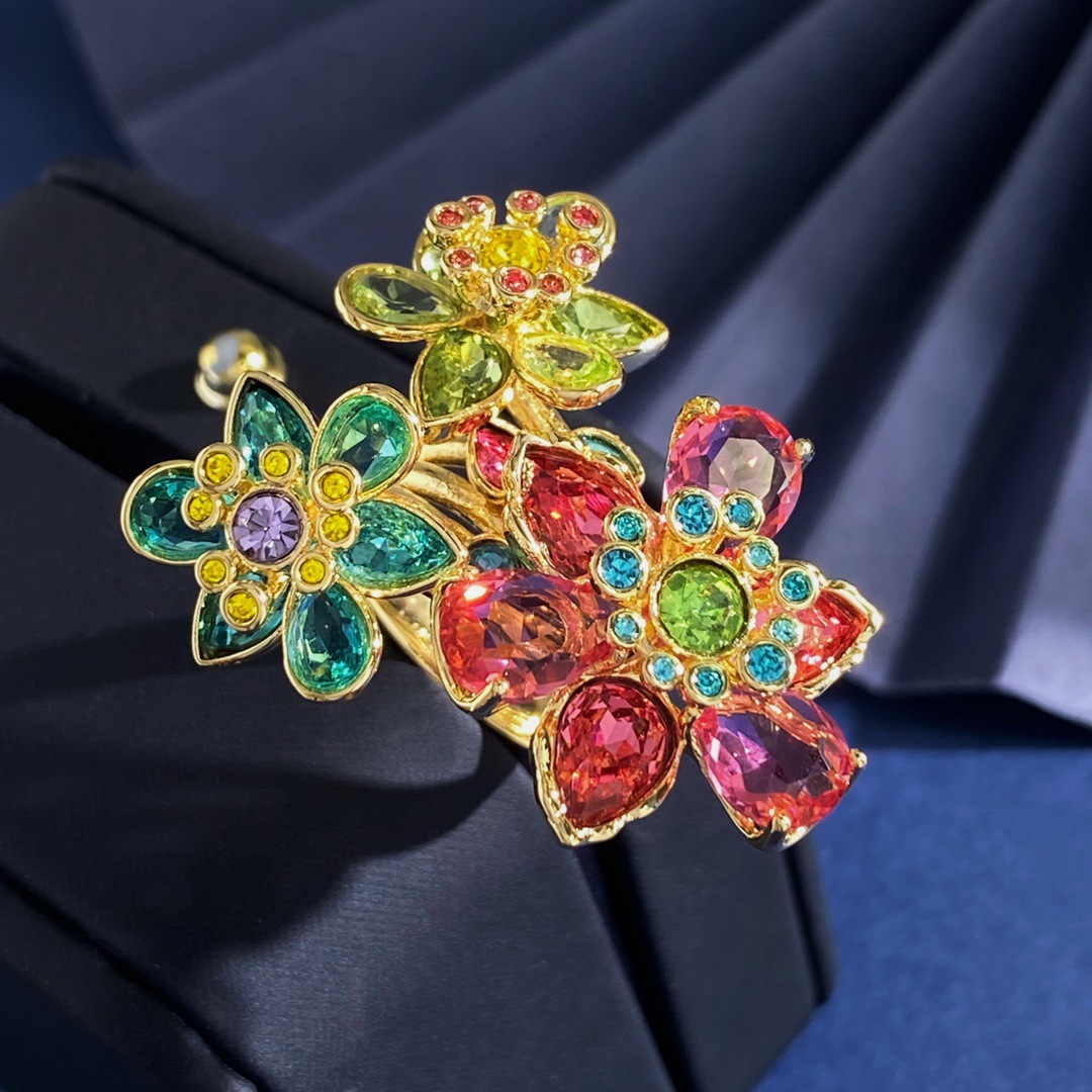 New Dazzling Colorful Diamond Flower Three-Dimensional Open Ring Crystal Colorful Flower Necklace Dopamine Ring