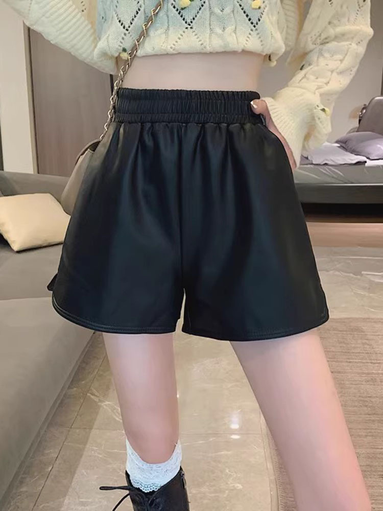 Casual Pants Women's Autumn and Winter 2024 New High Waist Slimming Leather Black A- Shaped Pants Fashionable Wide Leg Boots Outer Wear Shorts
