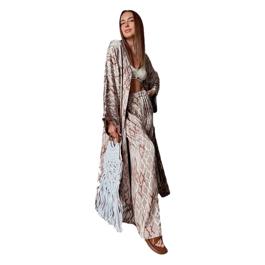 2024 European and American Autum New Satin Printed Pajamas Two-Piece Set Loose Casual Comfortable Skin-Friendly Women's Home Clothes