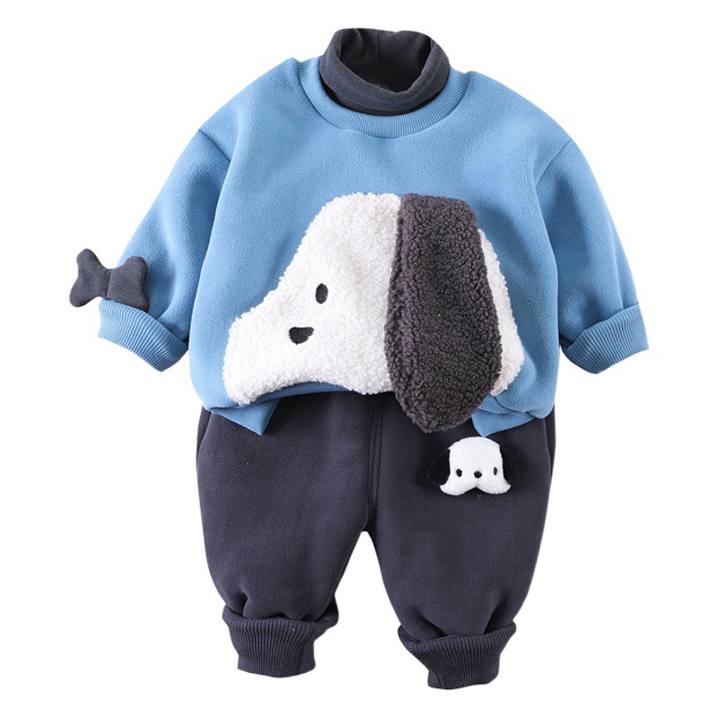 Korean-style Baby Winter Boys and Girls Cute Cartoon fleece-lined Sweatshirt Tunic Pants suit Baby Thickened Two-piece Set