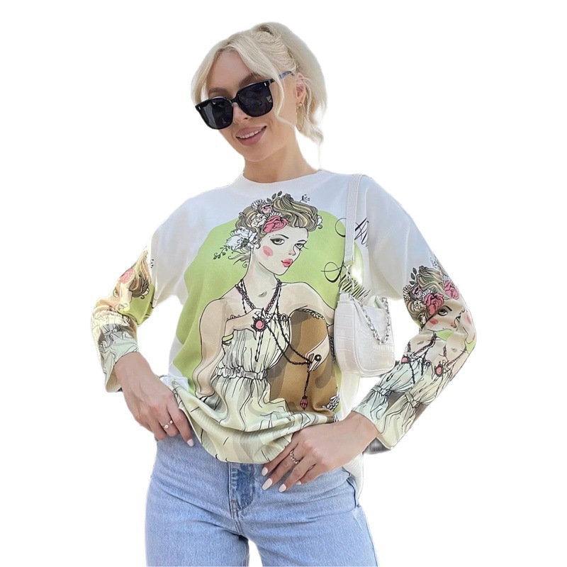 European and American Girls Printed Knitwears Aliexpress Cross-Border 2024 Women's Pullover Long-Sleeved Design Loose Knitwear