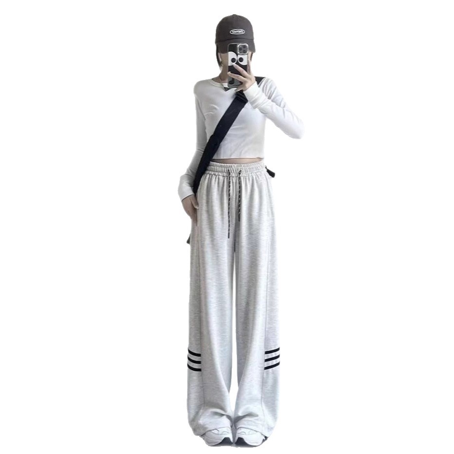 Picture of Sweatpants women's autumn and winter striped wide-leg casual large size loose drape straight cotton American leggings sweatpants
