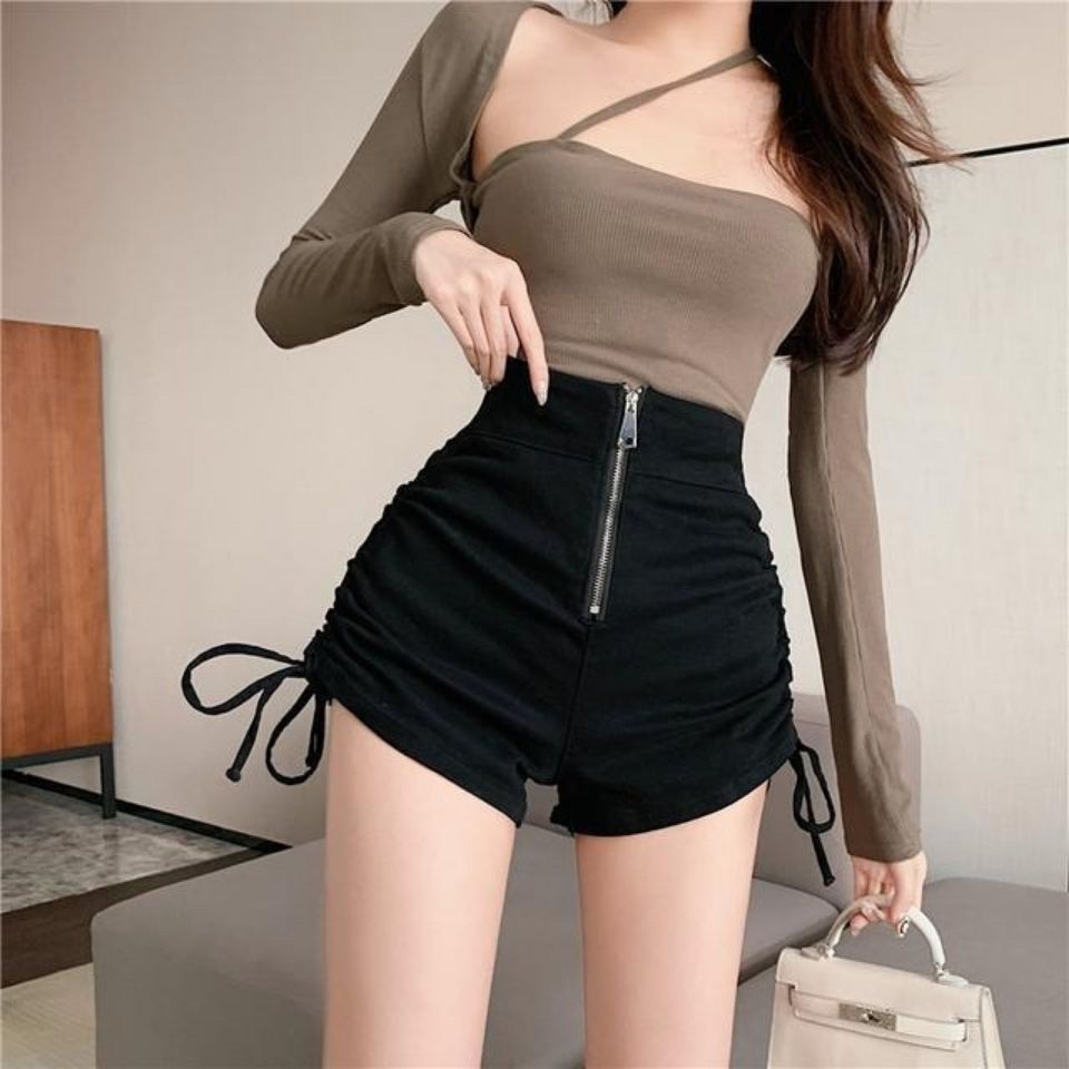 20 Sexy All-match Solid Color Drawstring Shorts Same Style Fashionable Age-reducing Korean Style 22 Black Casual Pants Women's Small Internet Popular