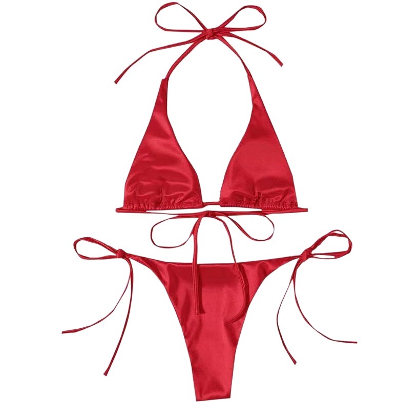 Cross-border European and American sexy lingerie new bikini solid color triangle lace-up elastic satin split suit