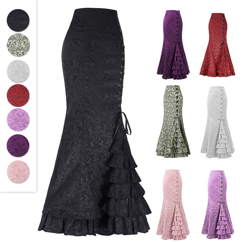 Cross-border New Summer Long Dress Victoria Women's High Waist Elegant Skirt Punk Skirt Fishtail Hip Skirt Lace-up