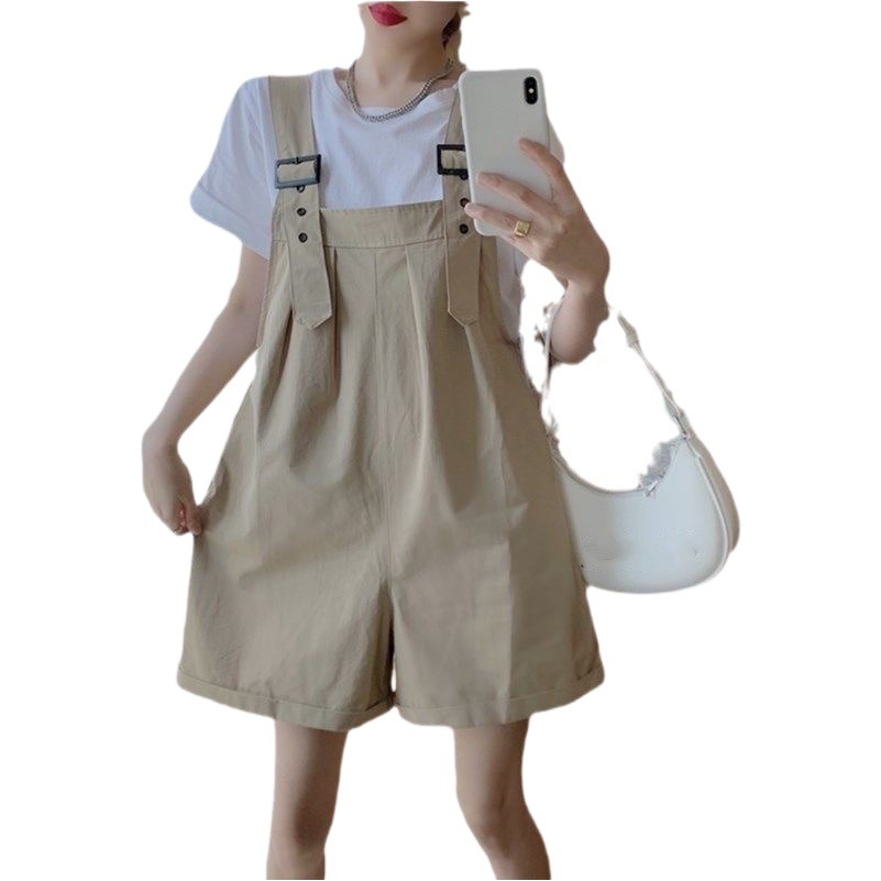 Green plus size Tooling Cotton Strap Shorts Women's Summer Loose High Waist Slimming Wide Leg Pants