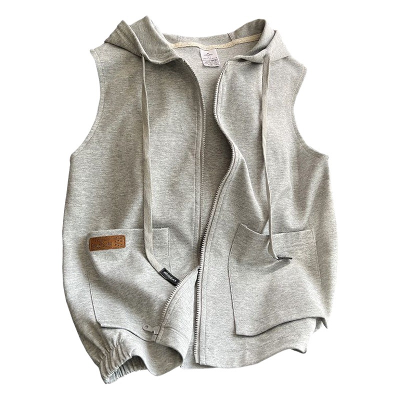 Vest Women's Spring & Fall Sports and Leisure Pure Color Outer Vest Hooded Cardigan Sleeveless Sweatshirt Vest Hooded Jacket