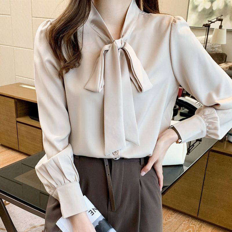 Picture of Spring and Autumn Clothing 2025 New Satin Professional Shirt Women's Long Sleeve Ribbon White Shirt Temperament Top Work Clothes