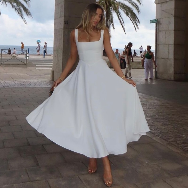 Picture of Foreign Trade Amazon 2025 Summer New European and American Women's Elegant Square Collar Sleeveless Waist Sling dress Women