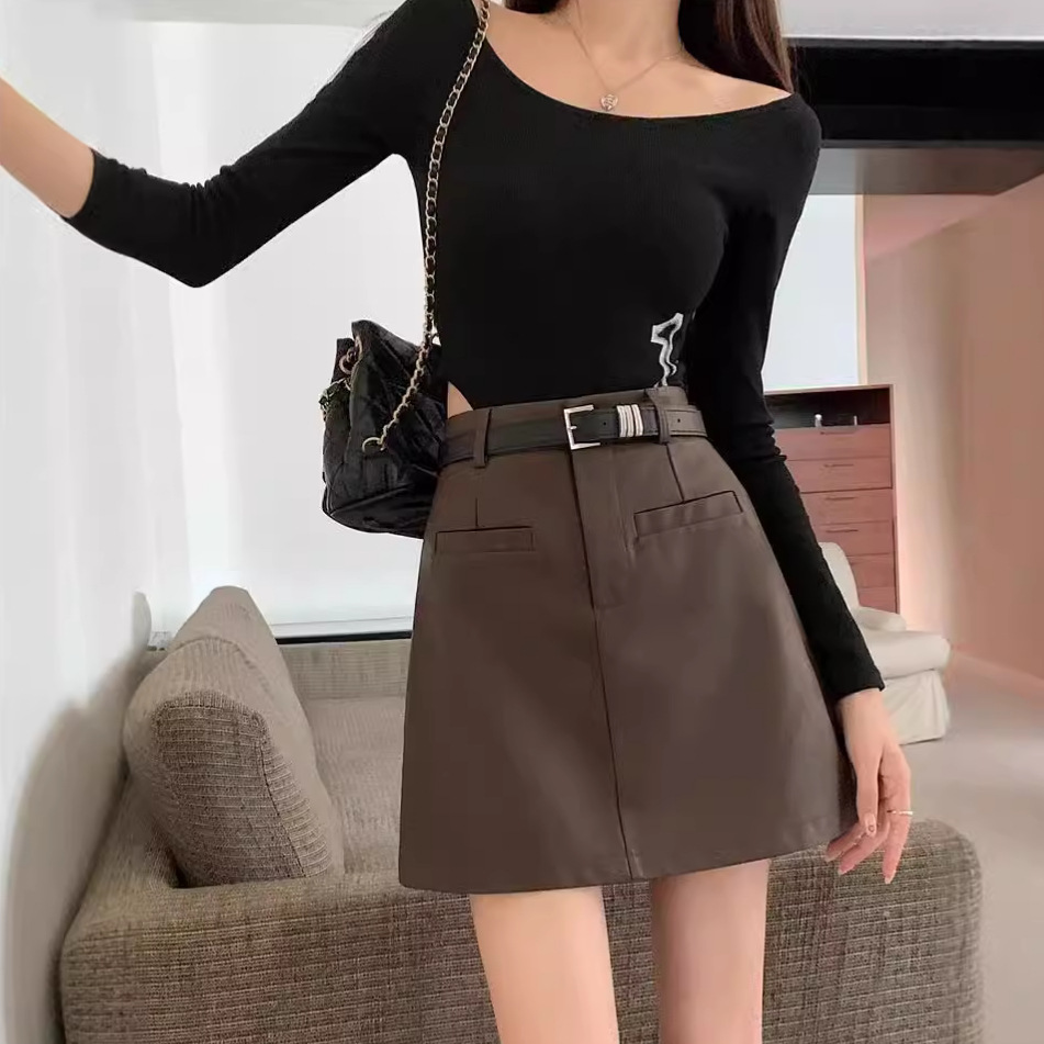 pu leather skirt women's autumn and winter new plus size chubby girl all-match high waist slimming belly covering skirt A- line hip skirt