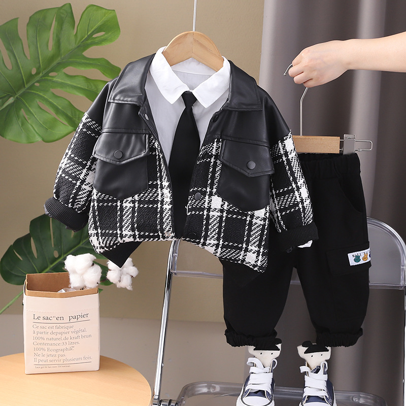 Korean Autumn Fashion Fried Street Stitching Plaid Tie Long Sleeve suit Trendy Foreign Trade Boy Trendy Long Sleeve Three-Piece Set